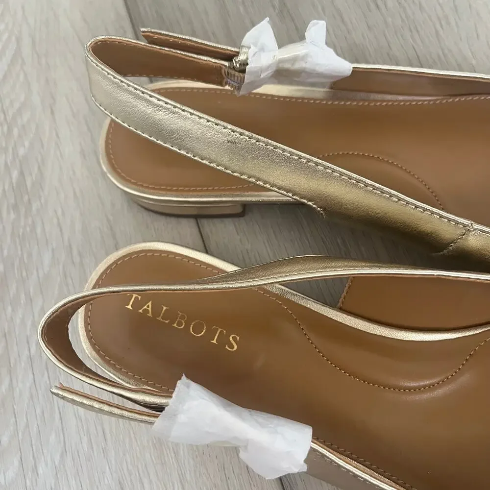 Talbots 'Edison' Womens 9M Metallic Slingback Cap Toe Flat Gold Shoe